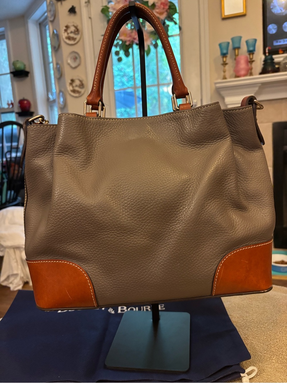 Dooney & Bourke Gray Leather Tote with Brown Trim - Picture 3 of 9